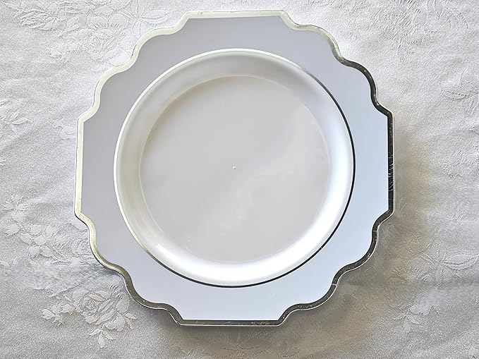 " OCCASIONS " 240 Plates Pack (120 Guests) Heavyweight Wedding Party Disposable Plastic Plates Set -120 x 10.5'' Dinner + 120 x 8'' Salad/Dessert Plate (Imperial in White/Blue & Silver)