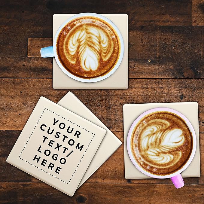 100 4" Square Ceramic Coasters Set - Customizable Text, Logo - Cork Bottom, Serve Ware - Natural