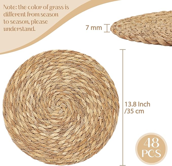 Aneco 48 Pack 13.8-Inch Round Woven Placemats Natural Hand-Woven Boho Rattan Wicker Bulrush Placemat Farmhouse Rustic Braided Table Mats for Dining & Kitchen Decor