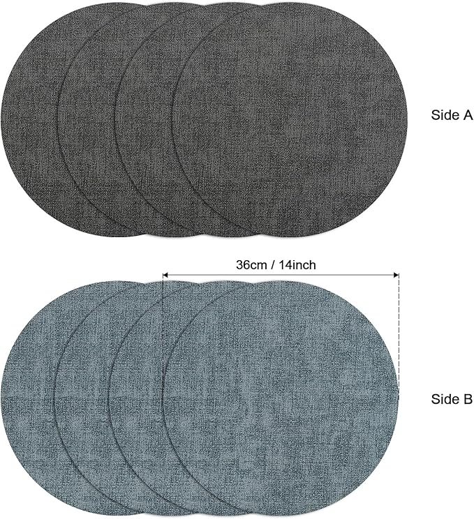 Myir JUN Round Placemats Dual Sided, Faux Leather Place Mats Set of 4 Indoor Placemats for Dining Table Outdoor Placemats Non-Slip Washable Table Mats (Set of 8, Gray Light Blue)