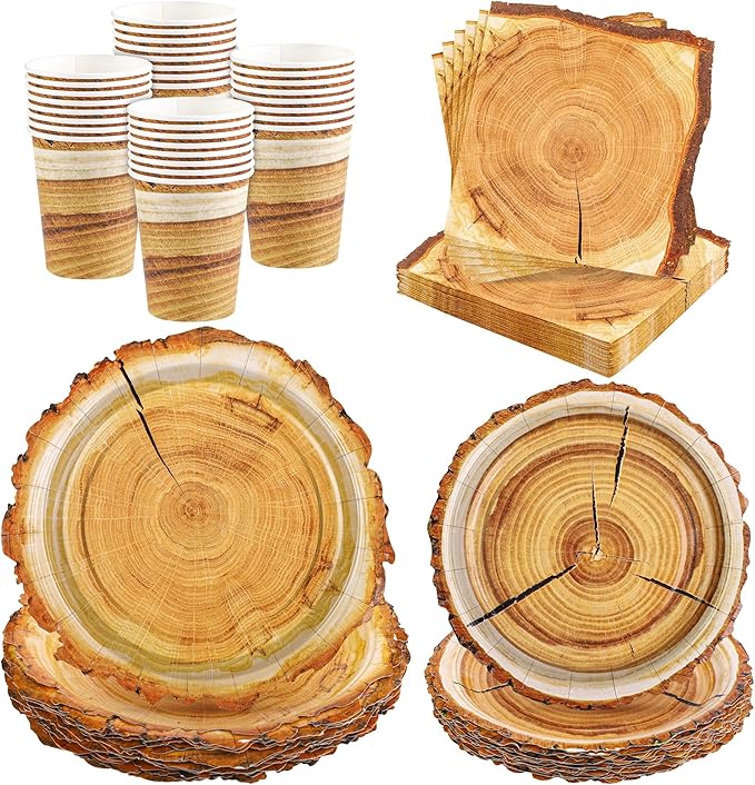 Kochorie 96 Pieces Camping Wood Grain Slice Tableware Set Rustic Wood Party Supplies Including Paper Plates Cups Napkins Serves 24 Guests for Hunting Baby Shower Lumberjack Birthday Party