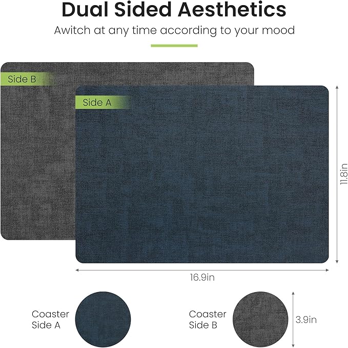 Placemats Set of 4, Faux Leather Heat Resistant Wipeable Placemats, Dual Sided Waterproof Washable Table Mats with Coaster, Suitable for Kitchen, Dining, Table Decor (4, Black Navy Blue)