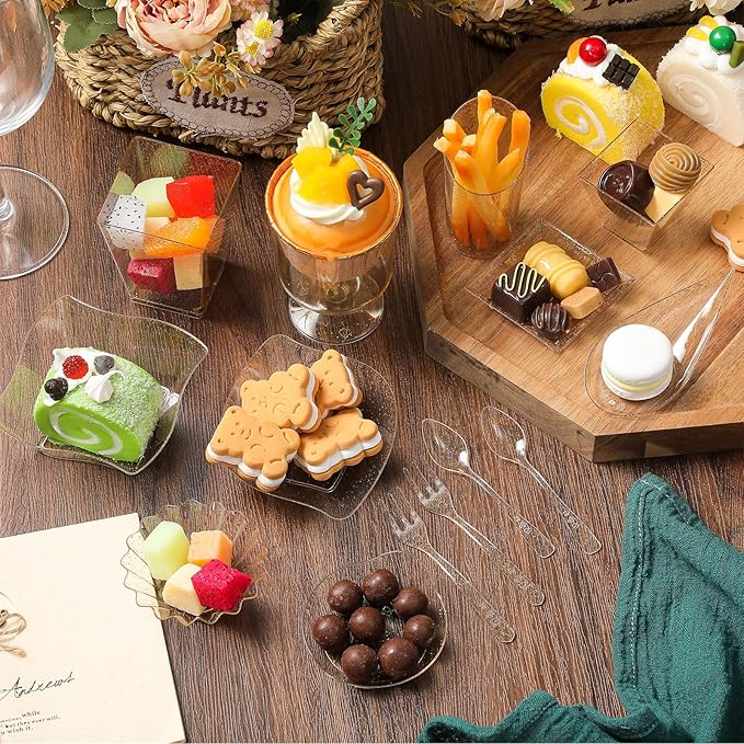 Tessco for you 1600 Pcs Mini Appetizer Plates Dessert Cups with Spoons Forks Set Assorted Shape Plastic Parfait Cups Dessert Plates Container Bowls with Disposable Spoon Fork for Party(Gold Glitter)