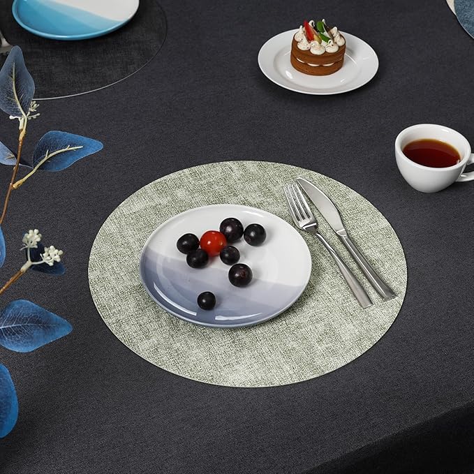 Myir JUN Round Placemats Dual Sided, Faux Leather Place Mats Set of 6 Indoor Placemat for Dining Table Outdoor Place mat Non-Slip Washable Table Mats (Gray Grass Green, Set of 6)