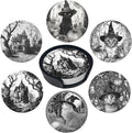 Halloween Cat Coasters Leather Round Drink Coasters 6 Pcs Set with Holderor for Cup Drink Coffee Table Bar Home Decor