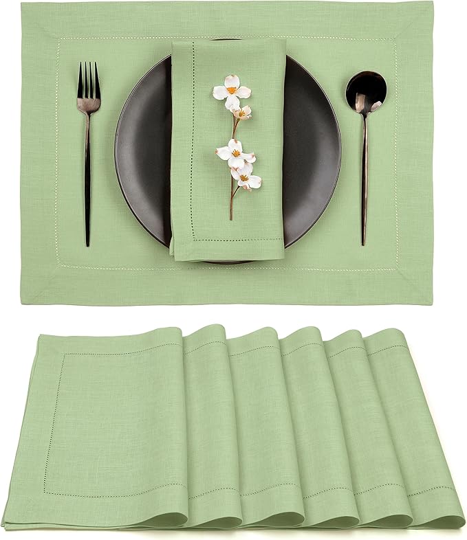 D'Moksha Homes Sage Green Linen Cloth Placemats Set of 6-100% Pure Linen Hemstitch Placemats 14 x 19 Inch - Classic Hemstitch Table Place Mats for St Patricks Day, Easter - Machine Washable
