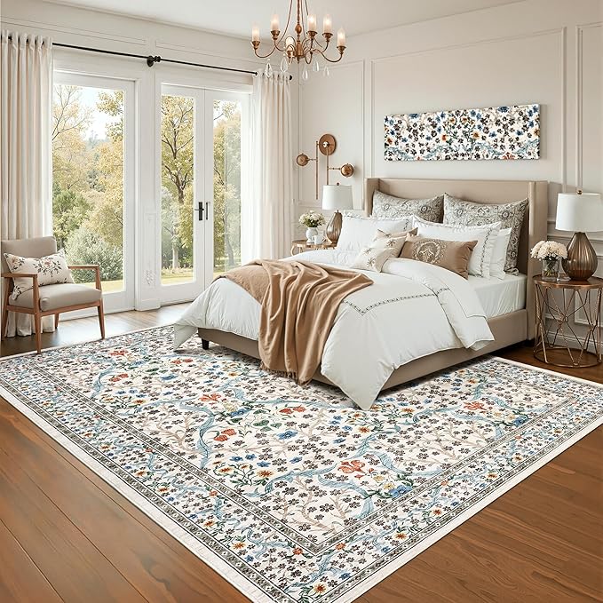 GarveeHome 8x10 Area Rugs, Washable Rugs for Living Room Non Slip Stain Resistant Ultra Soft Floral Rug, Boho Carpet Floor Mat for Bedroom Dining Room Nursery Playroom Office, Beige