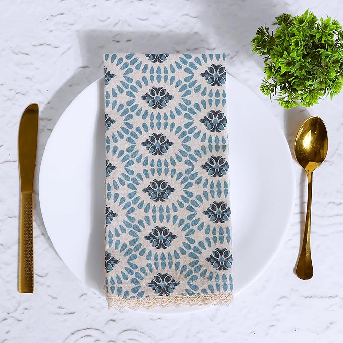 FINGERCRAFT Dinner Cloth Napkin Cotton Linen Blend 12 Pack Mitered Corners with Elegant Lace for Everyday Use Napkins are Pre Shrunk and Good Absorbency (Moroccan, 20in x 20in)