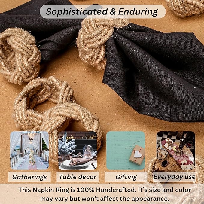 ALPHA Living HOME Round Jute Woven Napkin Rings, Water Hyacinth Easter Napkin Rings Set of 12 Napkins Holder for Elegant Table Decoration, Christmas Table Decor, Wedding Decor (Brown)