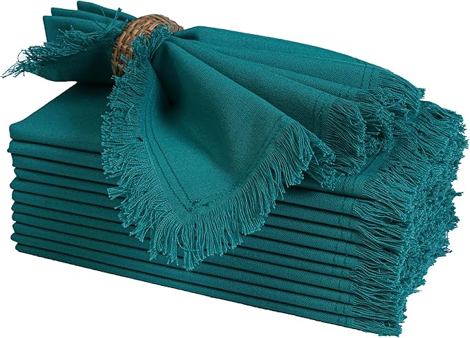 Bedding Craft Cotton Cloth Dinner Napkins Set of 12 – 18x18 Teal with Frayed Selvedge Edges – Machine Washable Reusable Fabric Napkins for Weddings, Baby Showers, Parties & Table Décor