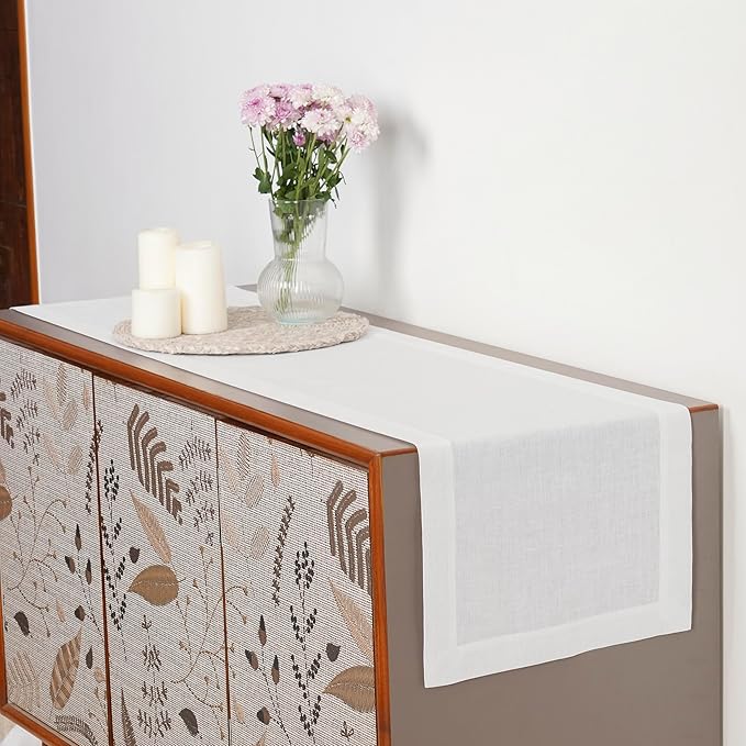 D'Moksha Homes Linen White Table Runner 36 Inches - 100% Pure Linen Small Table Runner 14 x 36 Inch for Dresser, Coffee Tables, Valentines, Spring, Easter - Machine Washable