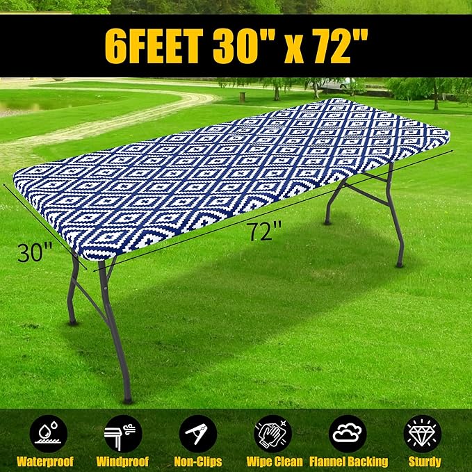Smiry Rectangle Table Cloth Cover, Waterproof Elastic Fitted Picnic Tablecloth for 6 Foot Tables, Wipeable Flannel Backed Vinyl Tablecloths for Camping, Dining, Outdoor (Navy, 30" x 72")