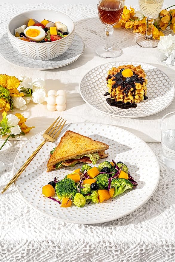 24-Piece Embossed Ceramic Dinnerware Set–8 Dinner Plates, 8 Salad Plates, 8 Pasta Bowls,Elegant & Durable Tableware for Large Families, Dishwasher & Microwave Safe