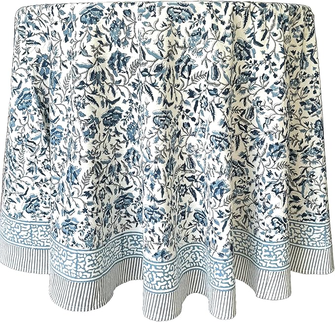 ATOSII Jodhpur Blue 100% Cotton Round Tablecloth, Handblock Print Floral Table Cloth for Kitchen Dining Linen I Parties, Weddings, Outdoors, Christmas I Fall Home Decor 60" Inches Round