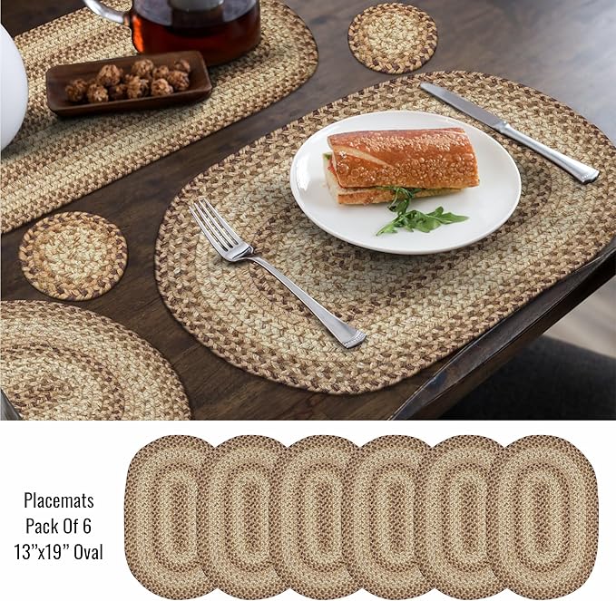 Homespice Cookie Dough Jute Braided Oval Placemats, Warm Farmhouse Decor, Set of 6, 13x19 Brown Table Mats - Vibrant Colors, Durable, Easy to Clean and Protects Furniture