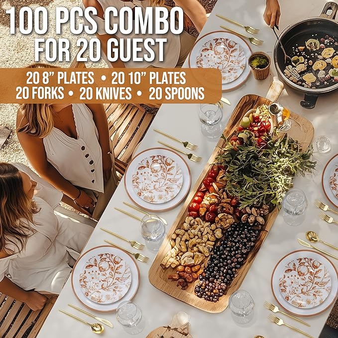 Trendables Fancy Plastic Dinnerware Sets 100 Pc Set 20 Guests Gold Silverware Disposable 20 X 10 Inch Charger Plates 20 X 8 Inch Dessert Plates 20 x Gold Plastic Forks and Spoons Knives In Pomegranate