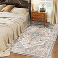 HOMCOM Washable Area Rug, 5'x7' Vintage Indoor Distressed Carpet, Retro Floor Cover Foldable, Floral Print Mat for Living Room, Bedroom, Dining Room, Brown and Light Blue