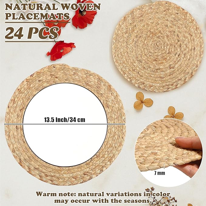 Kochorie Set of 24 Round Woven Placemats 13.5-Inch Natural Water Hyacinth Plant Placemats Hand-Woven Boho Rattan Placemat Wicker Weave Table Mats for Home Dinner Plates Holiday Supplies