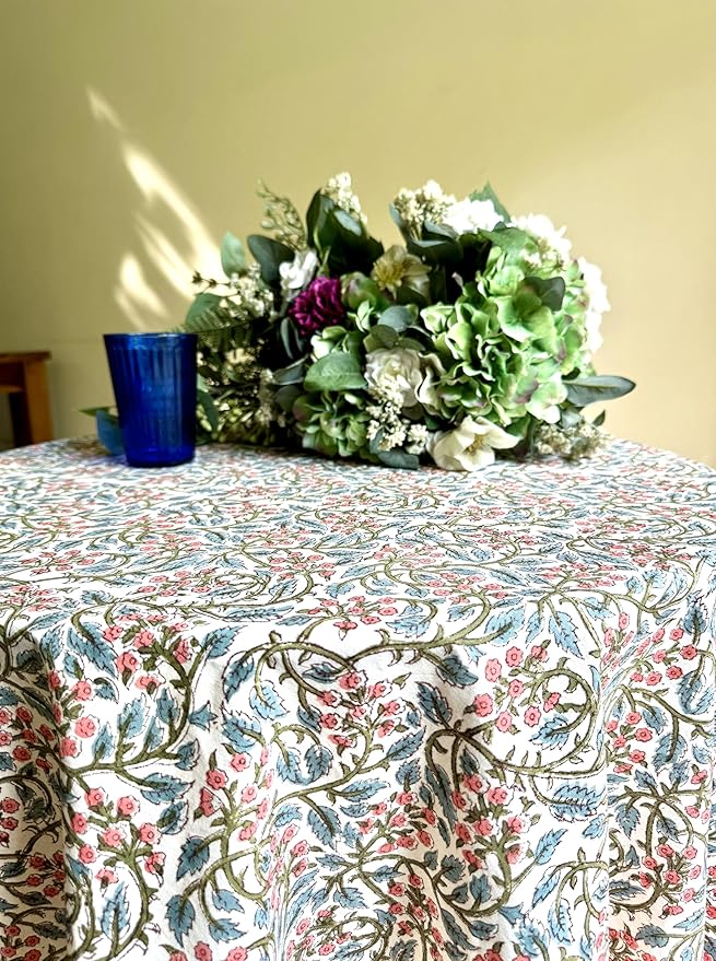 ATOSII Kalina 100% Cotton Round Tablecloth, Handblock Print Floral Table Cloth for Kitchen Dining Linen I Parties, Weddings, Outdoors, Christmas I Fall Home Decor 90" Inches Round
