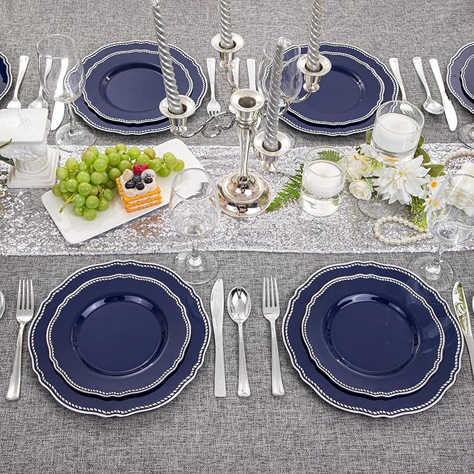 Hioasis 60pcs Blue Plastic Plates - Blue and Silver Disposable Dinnerware with Gold Rim, Heavy-duty, 7.5 inch, Dessert Plates for Party & Christmas