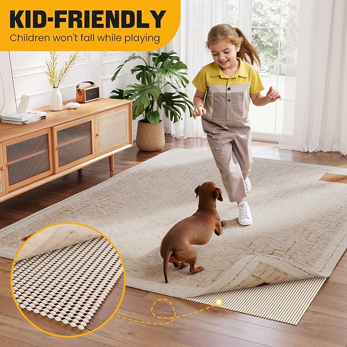 Non-Slip Rug Pad Gripper 9x13 Feet, Anti Skid Mat for Under Area Rugs, Keeps Rugs in Position and Safe, Thick Cushioned Carpet Pad for Hardwood Floors Protection
