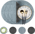 13-Inch Faux Leather Round Placemats Set of 4, Waterproof Anti-Slip Dual Sided Place mats, Heat Resistant Washable Table Mats with Coaster, Suitable for Indoor & Outdoor(4, Black Light Blue)