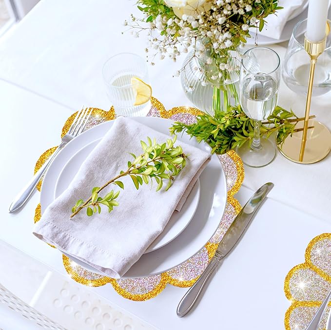 Washable Waterproof Diamond Circle Placemats for Round Tablescape Decor for Dinner and Kitchen Bling Placemats for Weddings & Special Events-6 PCS (Yellow)