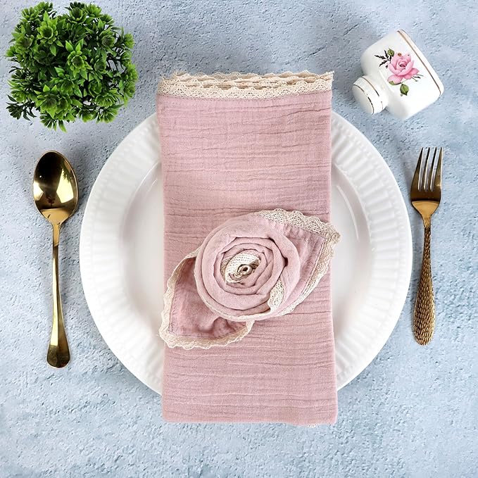 FINGERCRAFT Dinner Cloth Napkin Cotton Muslin Double Gauze 4 Pack with Classic Lace for Everyday Use, Wedding, Party, Christmas, Easter Napkins Cloth are Pre Shrunk and Good Absorbency Peach Wipe