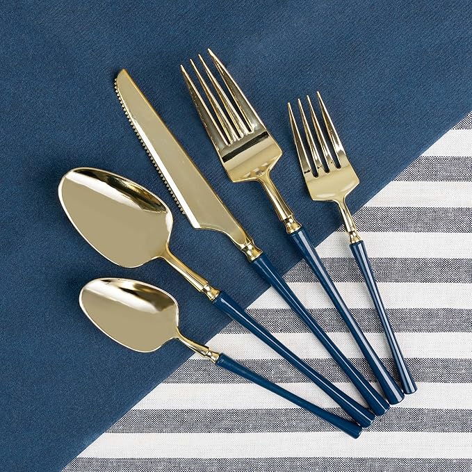 PlasticPro 20 Count Gold and Navy Plastic Dinner Forks Premium Quality Heavy Duty Disposable Elegant Silverware Two Tone Forks for Party
