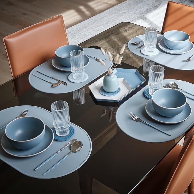 LINE+ARC Waterproof, Stain-Resistant, Heat-Safe Silicone Degrē Placemats (20.5x13, Set of 2 Stonewash) 3mm-High Rim Adults Babies Easy-to-Clean Washable Oval Modern Non-Slip Dining Table Mats