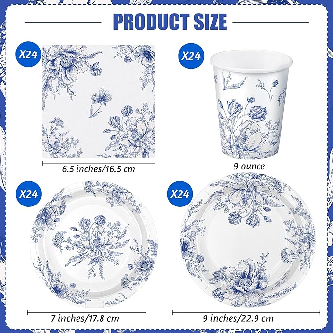 Kochorie 96 Piece Blue and White Floral Disposable Party Supplies Elegant Floral Paper Plates, Cups, and Napkins 9 Inch and 7 Inch Plates Serves 24 Guests for Birthday or Baby Shower