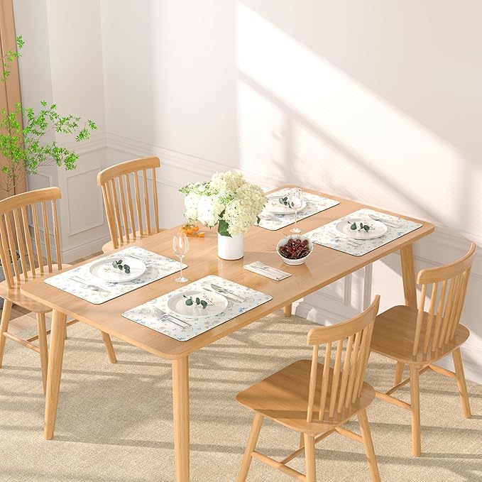 QIYI Placemats Set of 6, 12x18 Inch Faux Leather Place Mats for Kitchen Dinning, Heat Resistant Anti Slip Floral Table Mats, Waterproof Wipeable Washable Placemat Party Table Décor, Minimal Flowers