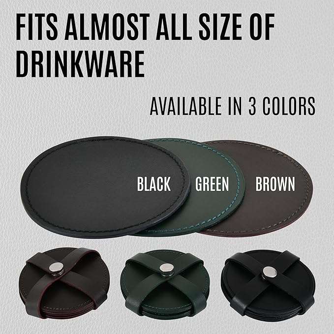 Genuine Leather, Premium Table Coasters by Leatherific, Round, 4 inch, Set of 6, with Holster, Handcrafted, Hand Made, Non Slip Drink Mats, Black (Onyx Black, 4")