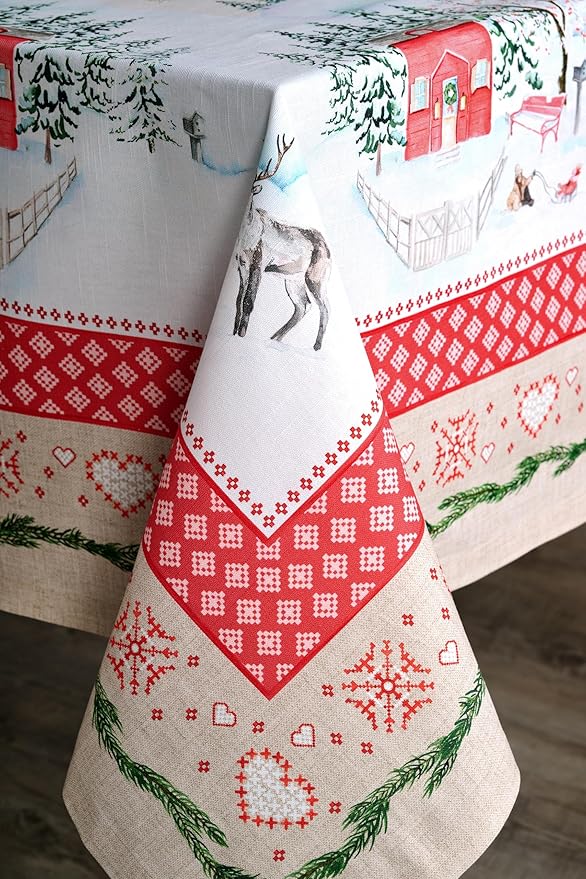 Maison d' Hermine Table Cloth Square Table 100% Cotton 60 x 60 Inches Fall Tablecloth Reusable Everyday Use for Thanksgiving Christmas Decorations Dining Farmhouse Party (Rural Christmas)
