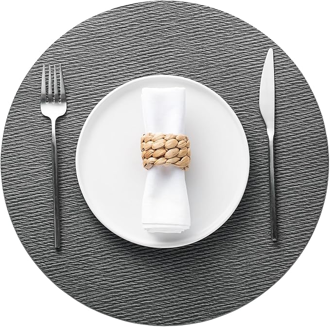 Jovono 15" Faux Leather Big Round Placemats Set of 6 - Washable Heat Resistant Non-Slip Dining Table Mats with Fabric Texture for Kitchen Home Party Decor, Gray