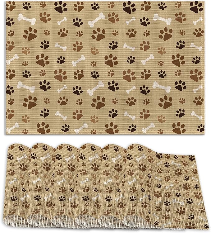 Dog Cat Paw Print Bones Placemats Set of 6,12x18 Inch Table Mats for Kitchen Table Washable Farmhouse Linen Table Mats Dining Decoration