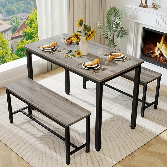Sturdy Durable Dining Table Set for 4 with Bench, Easy to Assemble Kitchen Table with Bench, Space-Saving Ideal 4-Person Set for Daily Meals, brunches, or workspace,Grey