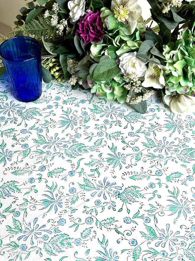 ATOSII Aster Blue 100% Cotton Round Tablecloth, Handblock Print Floral Table Cloth for Kitchen Dining Linen I Parties, Weddings, Outdoors, Easter, Spring Summer Decor I 90" Inches Round