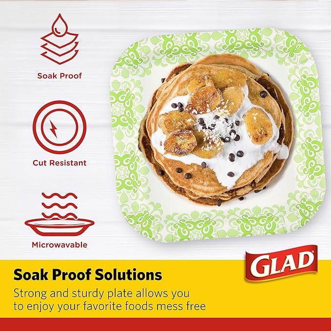 Glad Square Disposable Paper Plates, Green Victorian Pattern - Strong, Sturdy, Soak Proof, and Microwavable Decorative Plates for Dinner and Everyday Use, 10 Inch, 50 Count