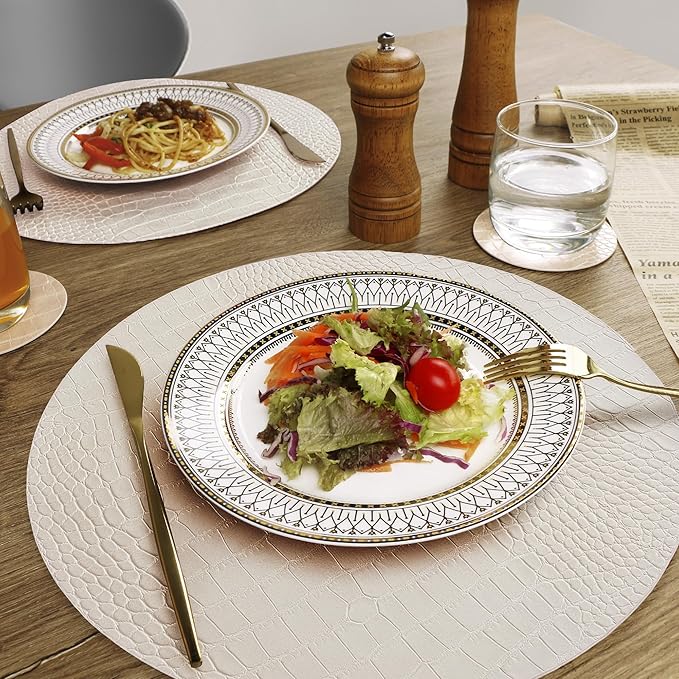 Jovono Round Leather Placemats for Round Tables Set of 8, White Place Mats and Coasters, Wipeable Waterproof Heat Resistant Table Mats Easy to Care for Indoor Decor 14 inch Diameter