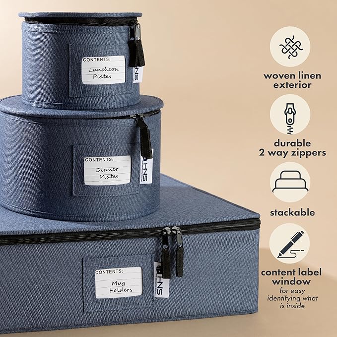 Dinner Plates Storage Container - Hard Shell China Organizer with Dividers - Holds 12 Plates of 10" - Durable & Stackable Storage Box for Seasonal Dishware Protection - Denim Blue