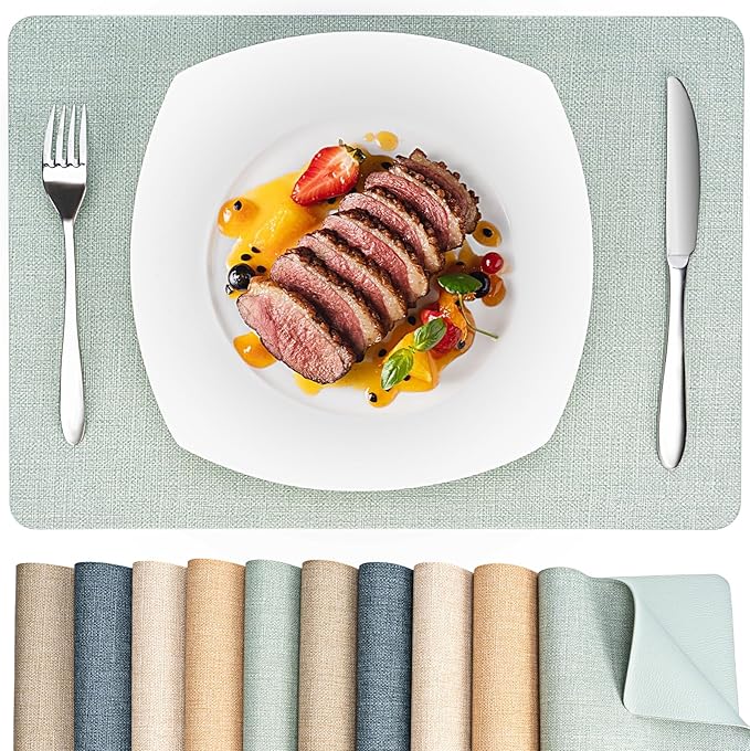 Heat Resistant Placemats Set of 4, 17x12in Waterproof Wipeable Faux Leather Non Slip Table Mats, Easy to Clean, Stain Resistant, for Kitchen Dining Room– Sage Green