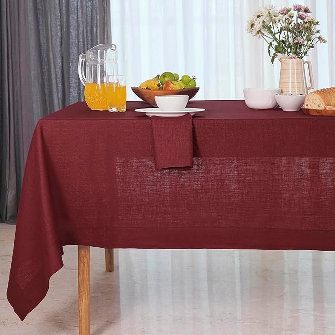 D'Moksha Homes Linen Tablecloth for Rectangle Tables 60 x 144 Inch - 100% Pure Linen Dark Red Table Cloth - Machine Washable Cloth Tablecloth for Valentines, Spring