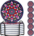 Mandala Drink Coasters, 6 Sets of Ceramic Boho Coaster for Drinks Absorbent with Holder, Reusable Drink Coaster for Colorful Decor(Purple Red), Thanksgiving and Housewarming Gifts(4 Inches)