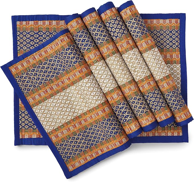 Encasa XO Woven Blue Placemats Set of 4 – 12" x 17" | Handwoven Madurkathi Grass Table mats for Dining Table, Kitchen & Outdoor Decor | Durable & Heat‑Resistant