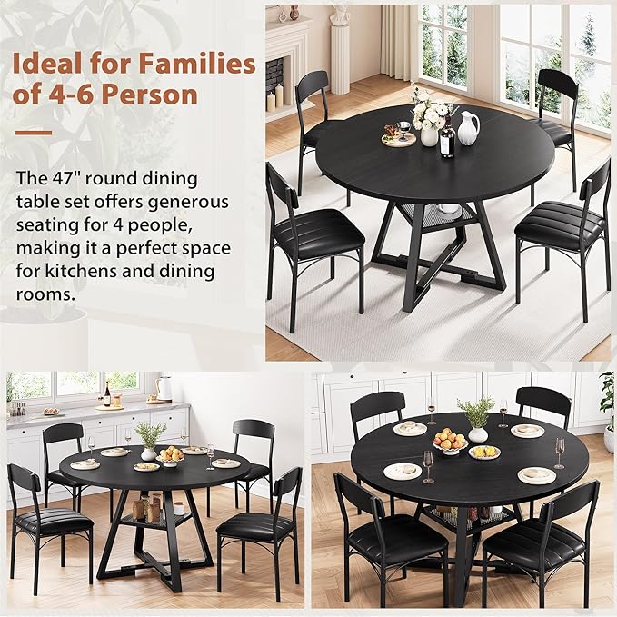 Round Dining Table Set for 4, Kitchen Table and Chairs for 4, Circle Table Round Pedestal Dining Room Dinner Dinette Table Set,5 Piece Space Saving Wood Kitchen & Dining Room Tables (Black, 47In)