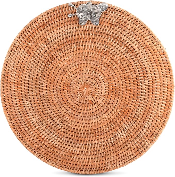 Vagabond House Round Wicker Placemats with Pewter Orchid Accent, Set of 4, 15.5 Inches Diameter - Hand-Woven Rattan, Elegant and Durable, Perfect for Enhancing Table Decor and Protection