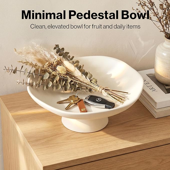Modern Concrete Fruit Bowl for Kitchen Counter – Cream White Decorative Pedestal Bowl, 11.2” Wide Minimalist Fruit Tray for Home Décor, Table Decor, Entryway Key Bowl