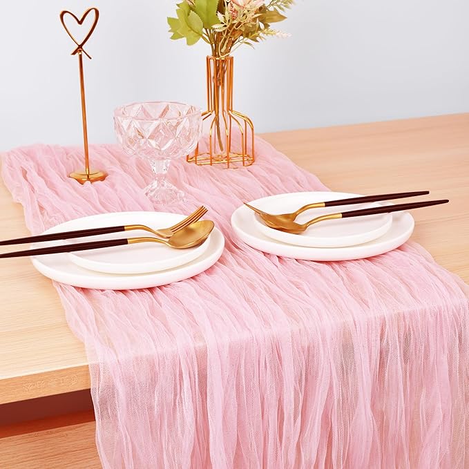 Joanlody Blushing Pink Cheesecloth Table Runner Spring Easter 10Ft Rustic Gauze Boho Cheese Cloth Table Runner for Wedding Bridal Baby Shower Decoration 4 Pack