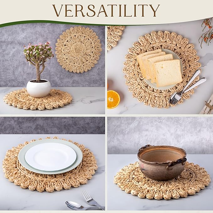 13.8" Corn Husk Woven Round Placemats Set of 6 - Wicker Boho Farmhouse Placemats - Rattan Table Mats for Dining Table, Wedding, Home